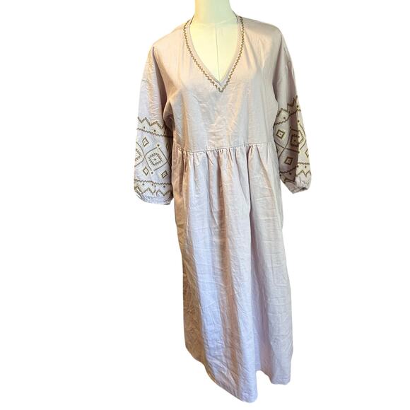 Madewell V-Neck Dress Linen Blend Embroidered Neckline & Peasant Sleeves SZ SM - Picture 2 of 10